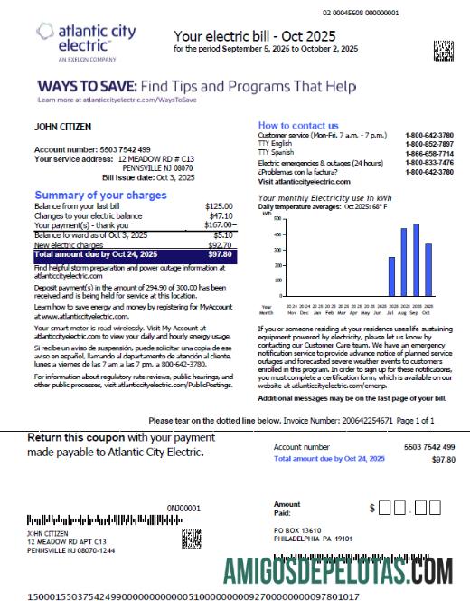 imprimível Modelo de conta de serviço público elétrico de Atlantic City dos EUA em formatos Word e PDF